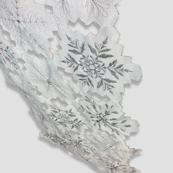 Christmas Holiday Table Runner Embroidered Snowflakes Cutwork Edges White/Silver - Picture 2 of 16